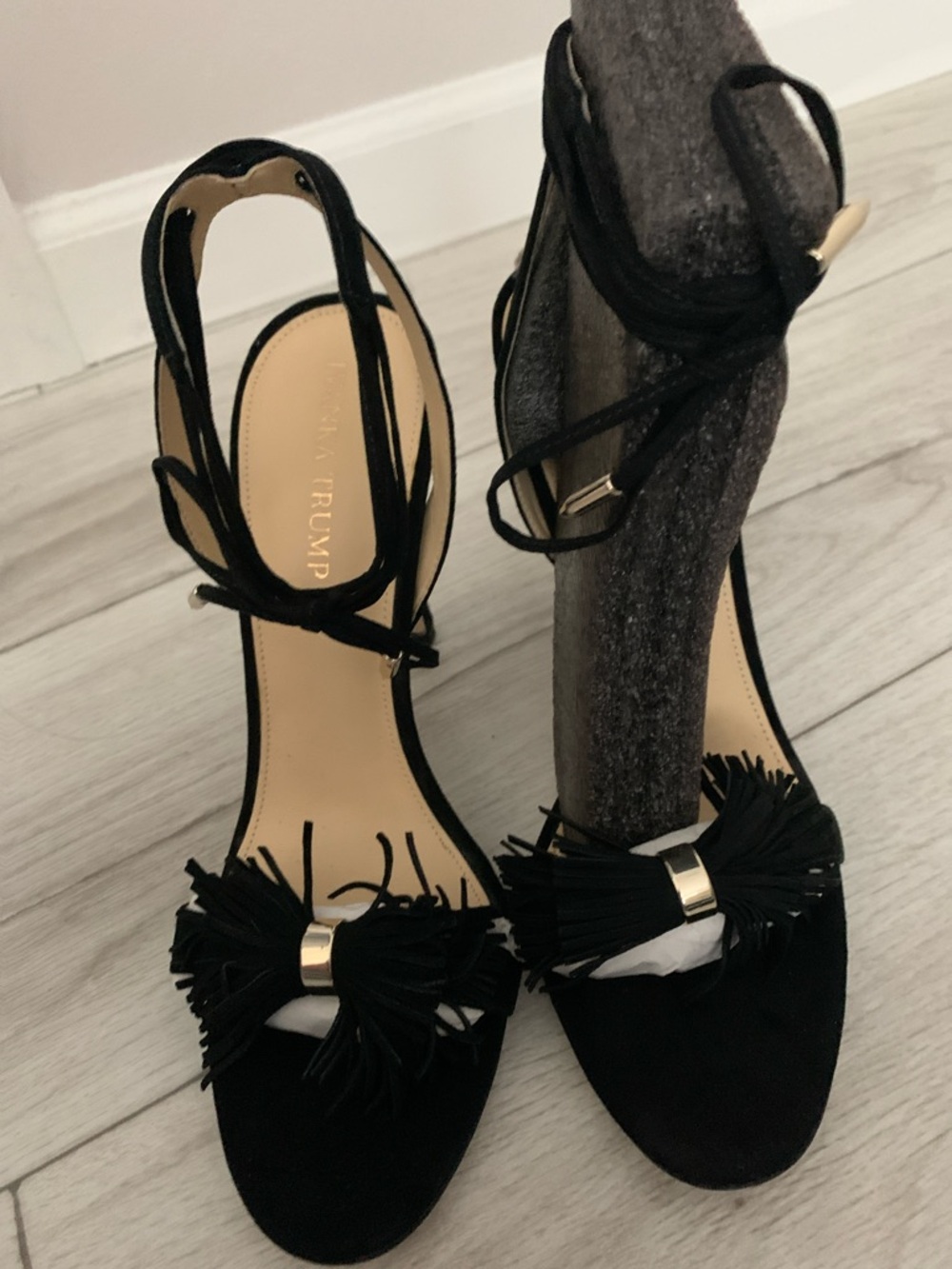 Ivanka Trump Black Suede Fringe Ankle-Tie Heels with Gold Accent